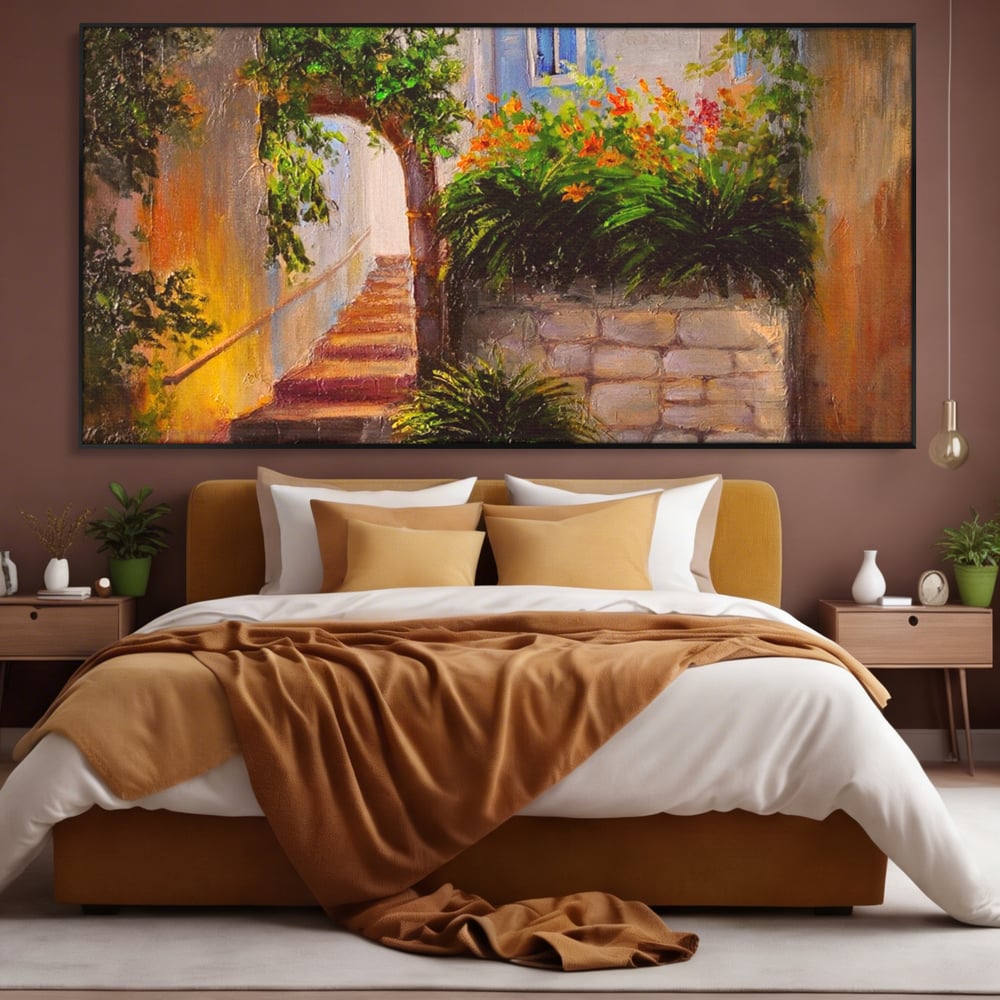 Leinwandbilder Premium LuxCanva® A1247, Wand mit Blumen , Dekorativ, Wohnen, Wohnzimmer, Bunte Blumen, Arkade, Treppe, Sommer, Schlafzimmer, Treppe, Lebendige Farben