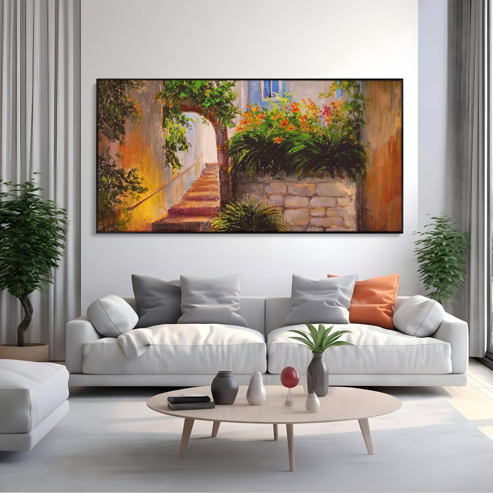 Leinwandbilder Premium LuxCanva® A1247, Wand mit Blumen , Dekorativ, Wohnen, Wohnzimmer, Bunte Blumen, Arkade, Treppe, Sommer, Schlafzimmer, Treppe, Lebendige Farben