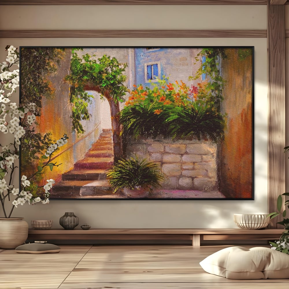 Leinwandbilder Premium LuxCanva® A1247, Wand mit Blumen , Dekorativ, Wohnen, Wohnzimmer, Bunte Blumen, Arkade, Treppe, Sommer, Schlafzimmer, Treppe, Lebendige Farben