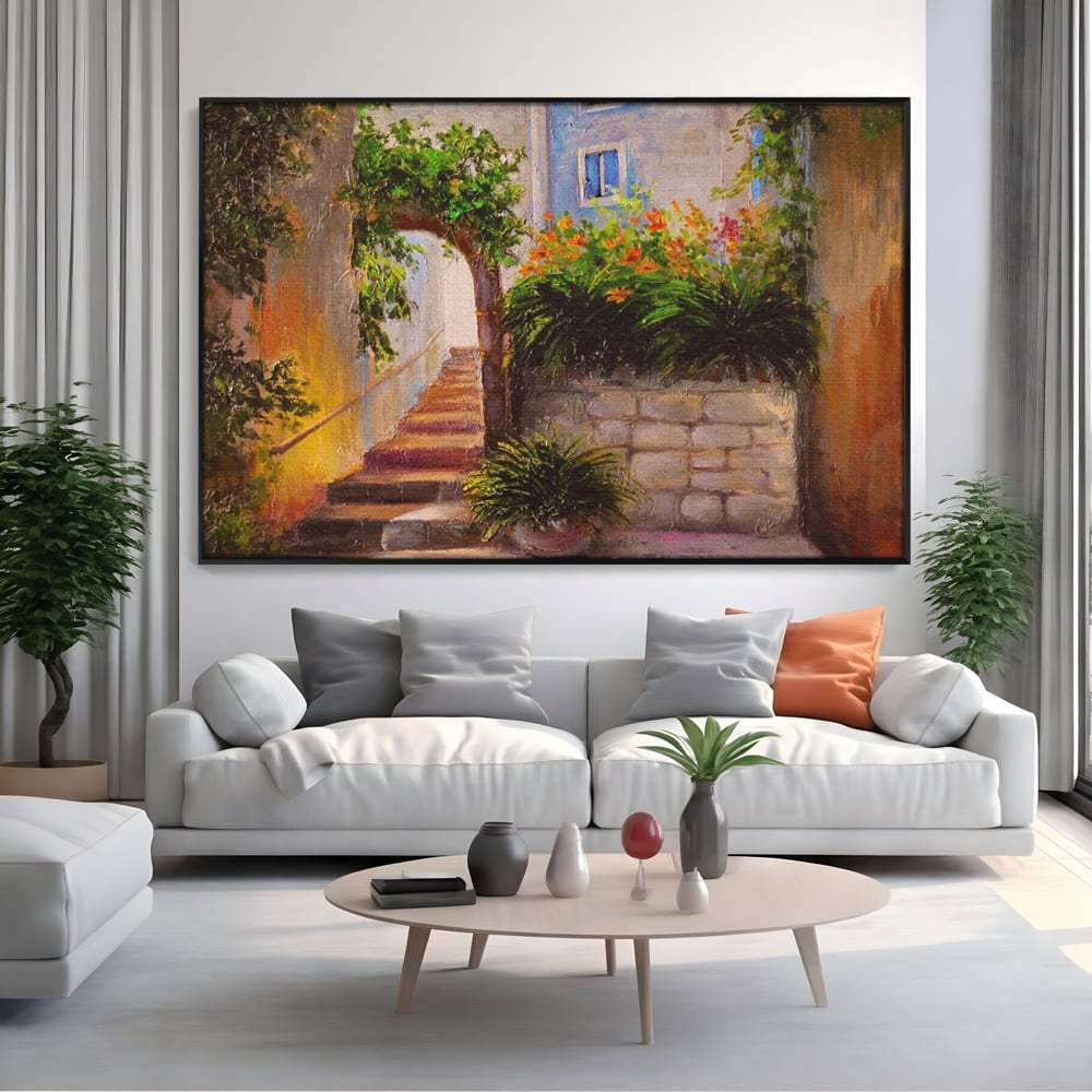 Leinwandbilder Premium LuxCanva® A1247, Wand mit Blumen , Dekorativ, Wohnen, Wohnzimmer, Bunte Blumen, Arkade, Treppe, Sommer, Schlafzimmer, Treppe, Lebendige Farben