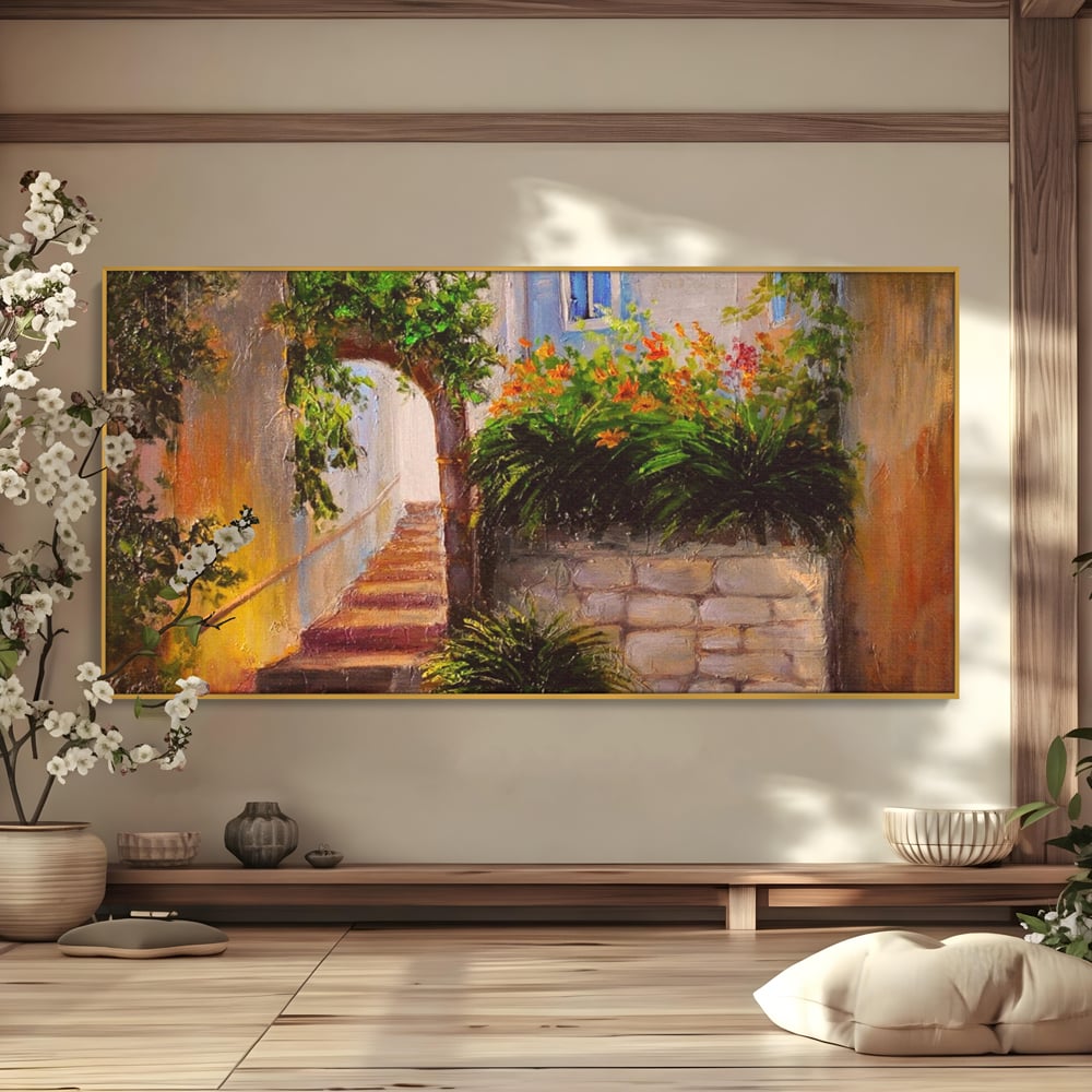 Leinwandbilder Premium LuxCanva® A1247, Wand mit Blumen , Dekorativ, Wohnen, Wohnzimmer, Bunte Blumen, Arkade, Treppe, Sommer, Schlafzimmer, Treppe, Lebendige Farben
