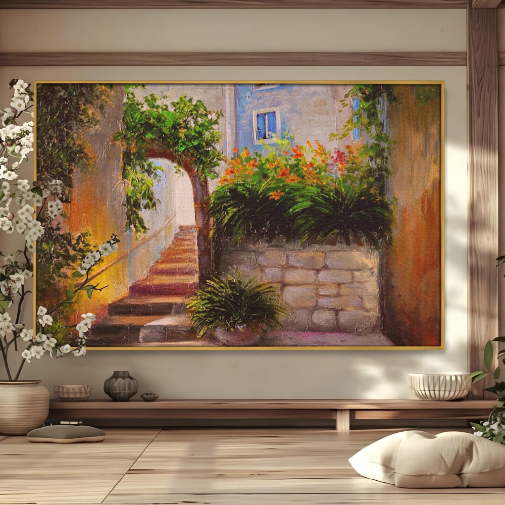 Leinwandbilder Premium LuxCanva® A1247, Wand mit Blumen , Dekorativ, Wohnen, Wohnzimmer, Bunte Blumen, Arkade, Treppe, Sommer, Schlafzimmer, Treppe, Lebendige Farben