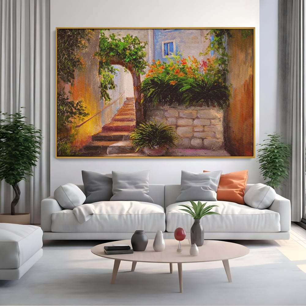 Leinwandbilder Premium LuxCanva® A1247, Wand mit Blumen , Dekorativ, Wohnen, Wohnzimmer, Bunte Blumen, Arkade, Treppe, Sommer, Schlafzimmer, Treppe, Lebendige Farben