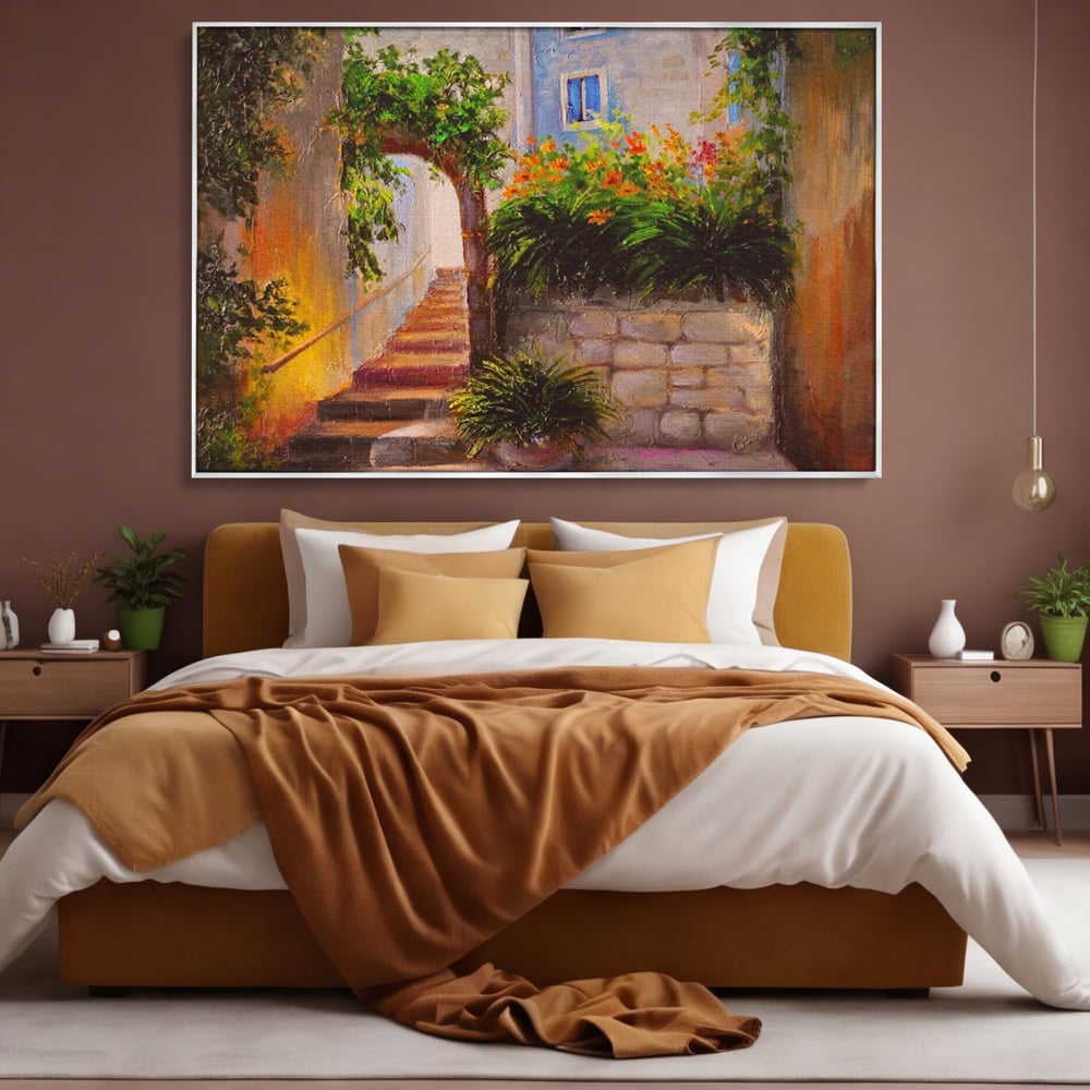 Leinwandbilder Premium LuxCanva® A1247, Wand mit Blumen , Dekorativ, Wohnen, Wohnzimmer, Bunte Blumen, Arkade, Treppe, Sommer, Schlafzimmer, Treppe, Lebendige Farben