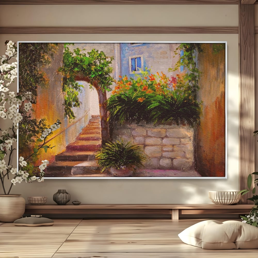 Leinwandbilder Premium LuxCanva® A1247, Wand mit Blumen , Dekorativ, Wohnen, Wohnzimmer, Bunte Blumen, Arkade, Treppe, Sommer, Schlafzimmer, Treppe, Lebendige Farben