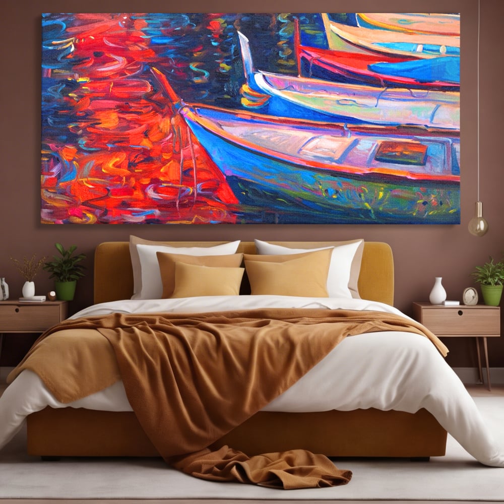 Tablou Canvas Premium LuxCanva® A1248, Barci Colorate , Decorativ, Living, Barca, Mare, Apa, Apus, Port, Dormitor, Culori Vibrante