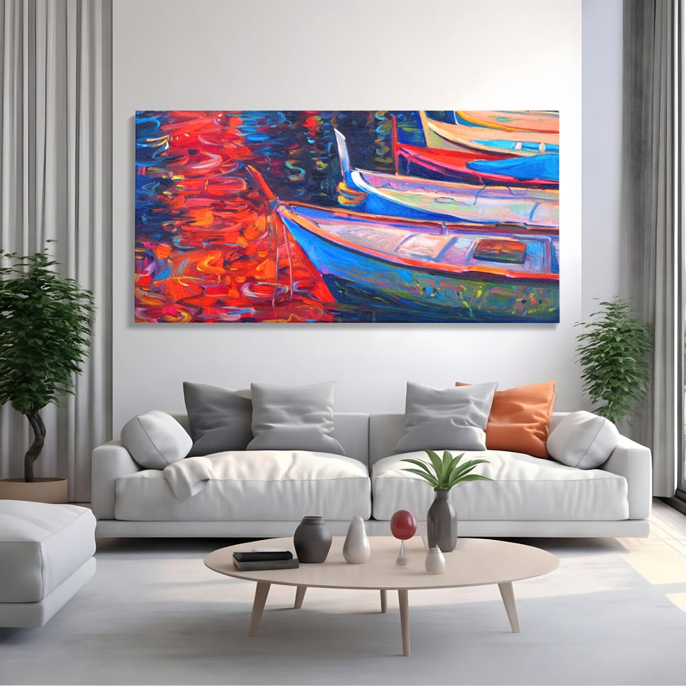Tablou Canvas Premium LuxCanva® A1248, Barci Colorate , Decorativ, Living, Barca, Mare, Apa, Apus, Port, Dormitor, Culori Vibrante