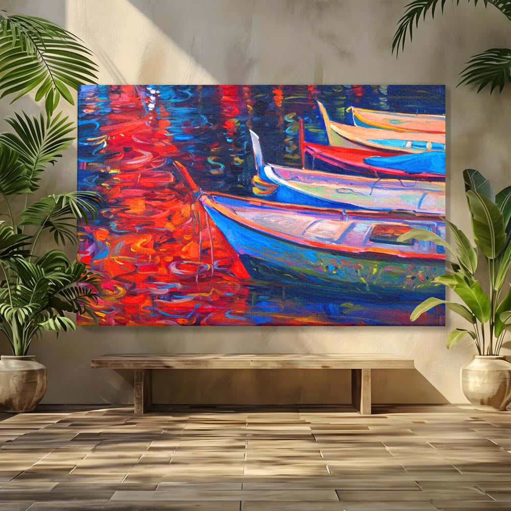 Tablou Canvas Premium LuxCanva® A1248, Barci Colorate , Decorativ, Living, Barca, Mare, Apa, Apus, Port, Dormitor, Culori Vibrante