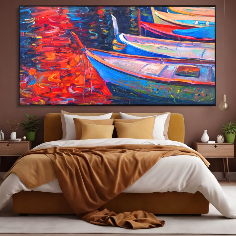 Tablou Canvas Premium LuxCanva® A1248, Barci Colorate , Decorativ, Living, Barca, Mare, Apa, Apus, Port, Dormitor, Culori Vibrante