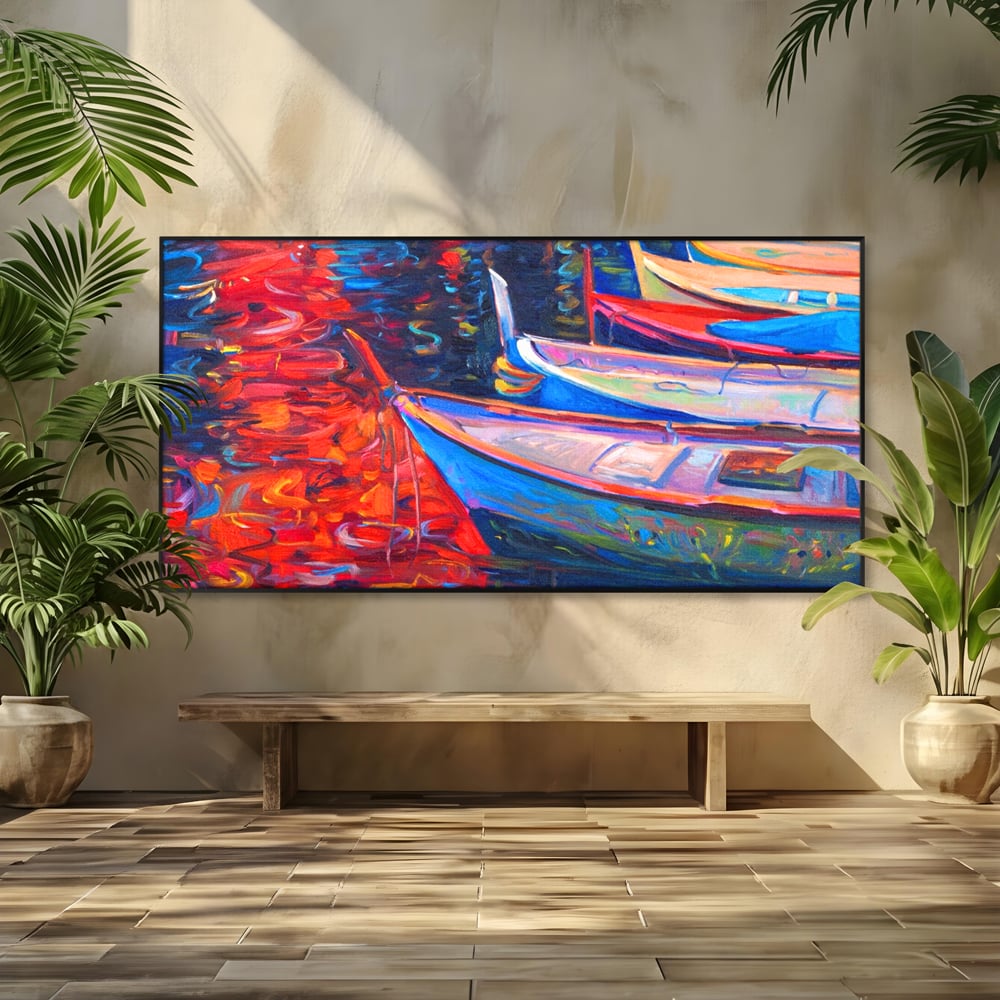 Tablou Canvas Premium LuxCanva® A1248, Barci Colorate , Decorativ, Living, Barca, Mare, Apa, Apus, Port, Dormitor, Culori Vibrante