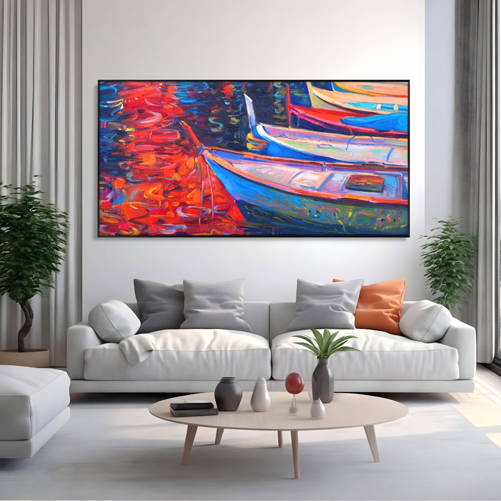 Tablou Canvas Premium LuxCanva® A1248, Barci Colorate , Decorativ, Living, Barca, Mare, Apa, Apus, Port, Dormitor, Culori Vibrante