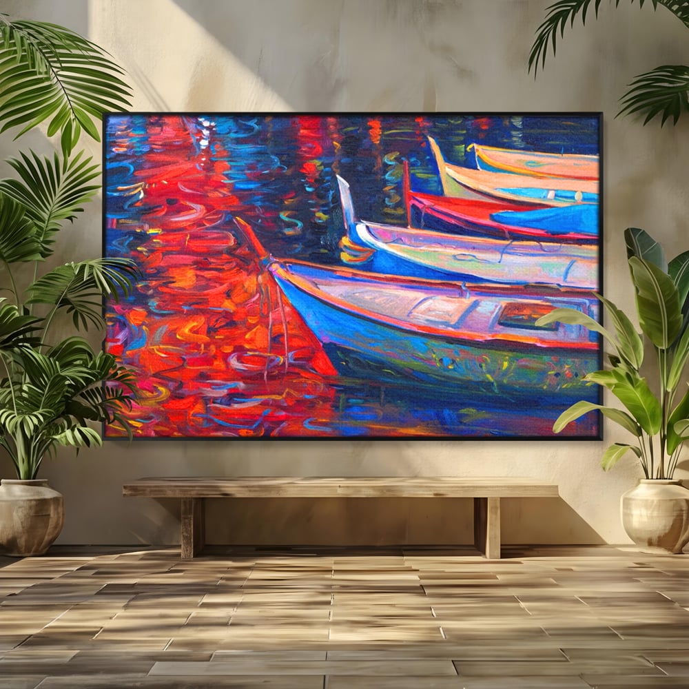 Tablou Canvas Premium LuxCanva® A1248, Barci Colorate , Decorativ, Living, Barca, Mare, Apa, Apus, Port, Dormitor, Culori Vibrante