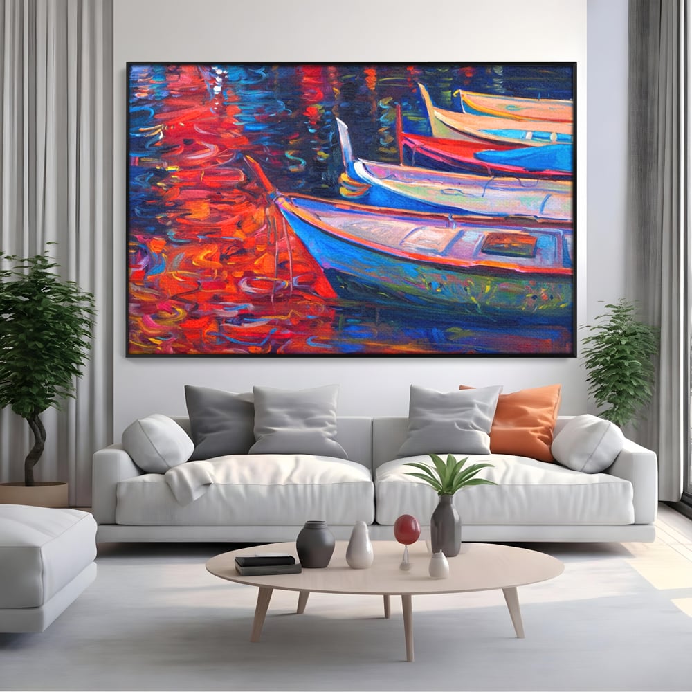 Tablou Canvas Premium LuxCanva® A1248, Barci Colorate , Decorativ, Living, Barca, Mare, Apa, Apus, Port, Dormitor, Culori Vibrante