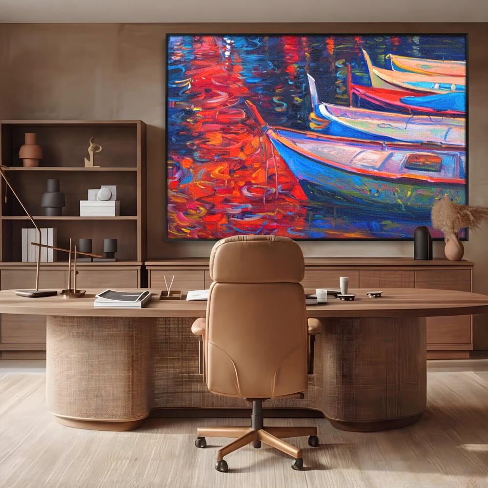 Tablou Canvas Premium LuxCanva® A1248, Barci Colorate , Decorativ, Living, Barca, Mare, Apa, Apus, Port, Dormitor, Culori Vibrante