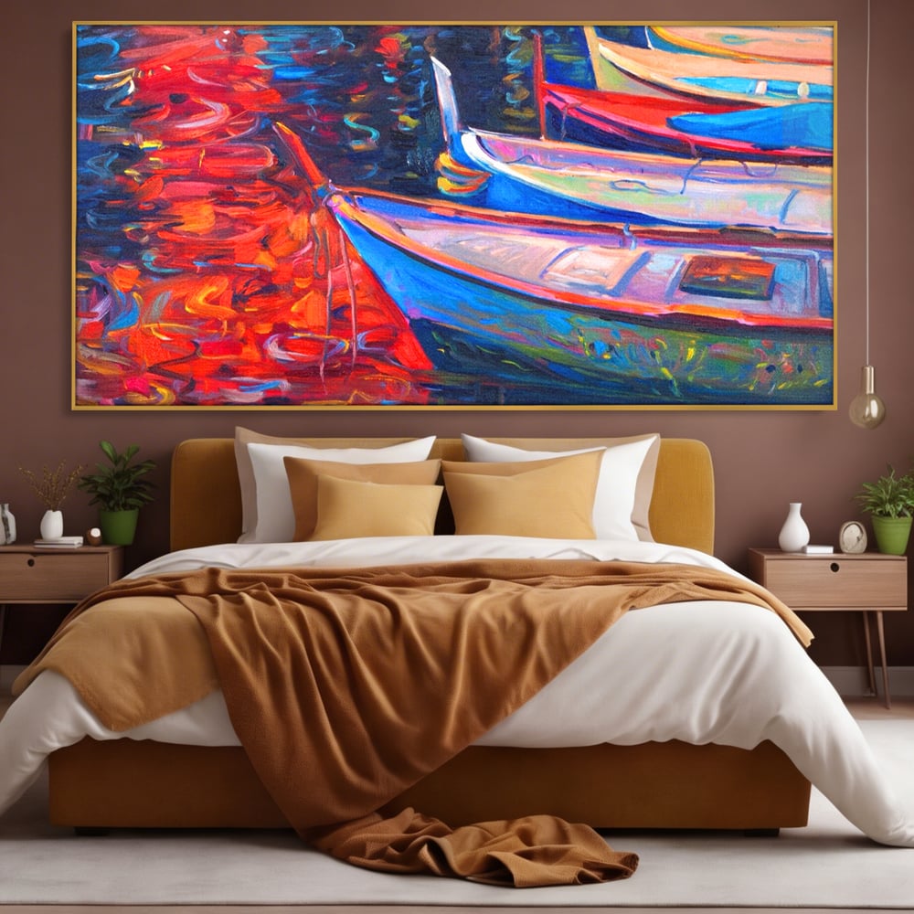 Tablou Canvas Premium LuxCanva® A1248, Barci Colorate , Decorativ, Living, Barca, Mare, Apa, Apus, Port, Dormitor, Culori Vibrante