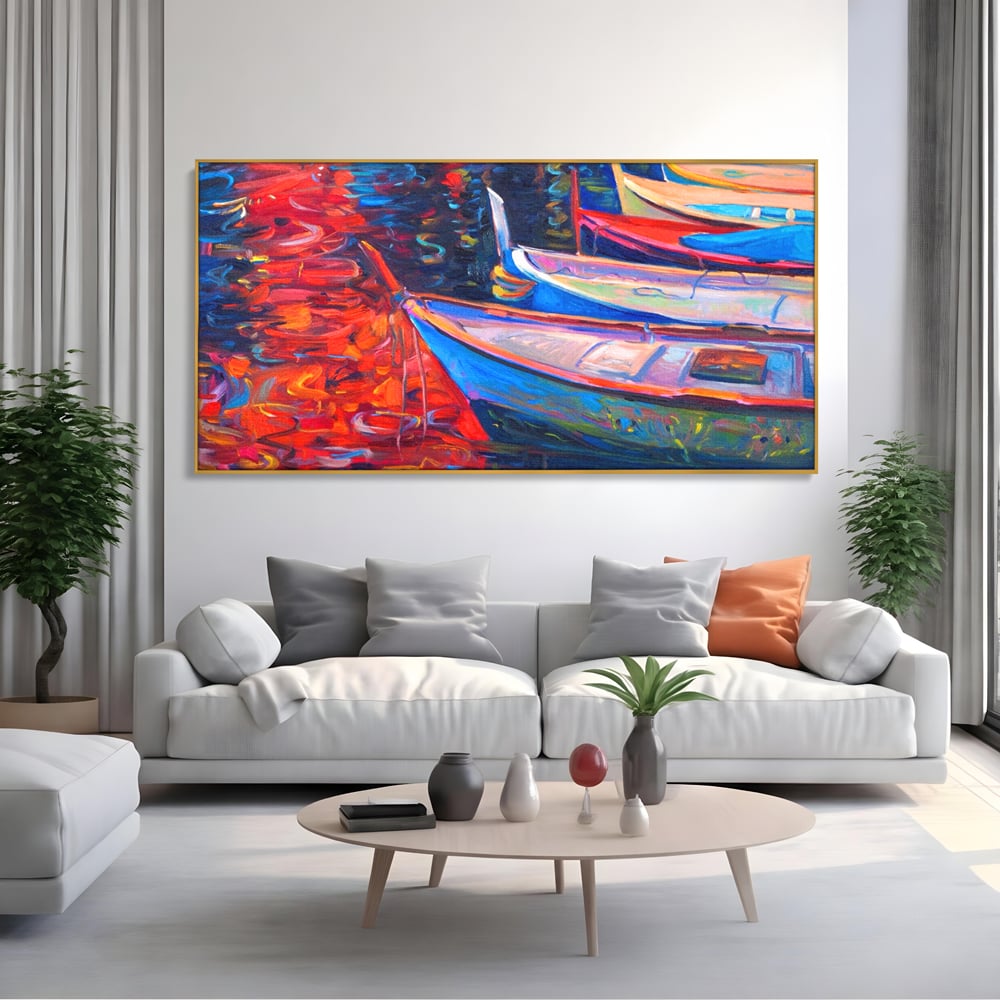 Tablou Canvas Premium LuxCanva® A1248, Barci Colorate , Decorativ, Living, Barca, Mare, Apa, Apus, Port, Dormitor, Culori Vibrante