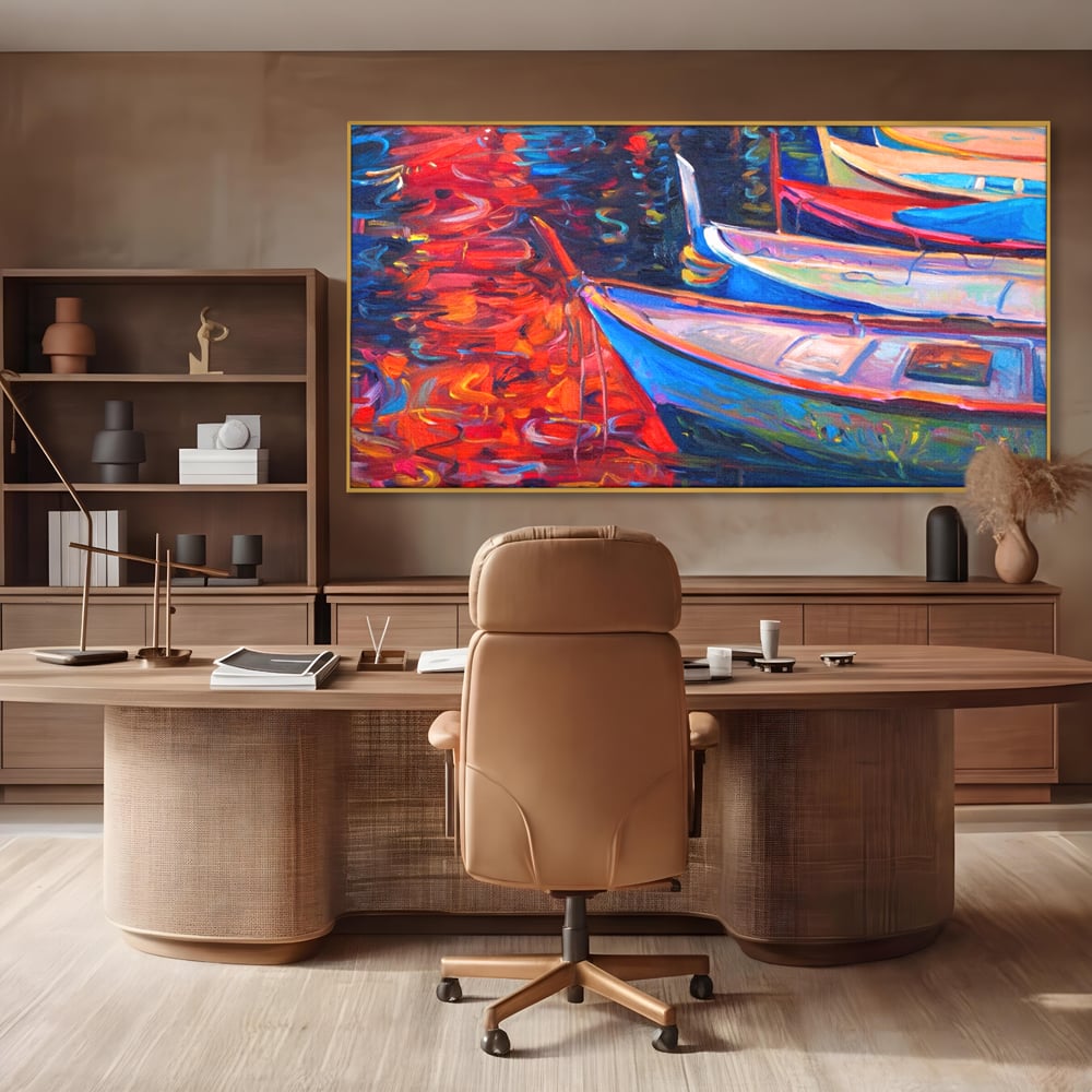Tablou Canvas Premium LuxCanva® A1248, Barci Colorate , Decorativ, Living, Barca, Mare, Apa, Apus, Port, Dormitor, Culori Vibrante