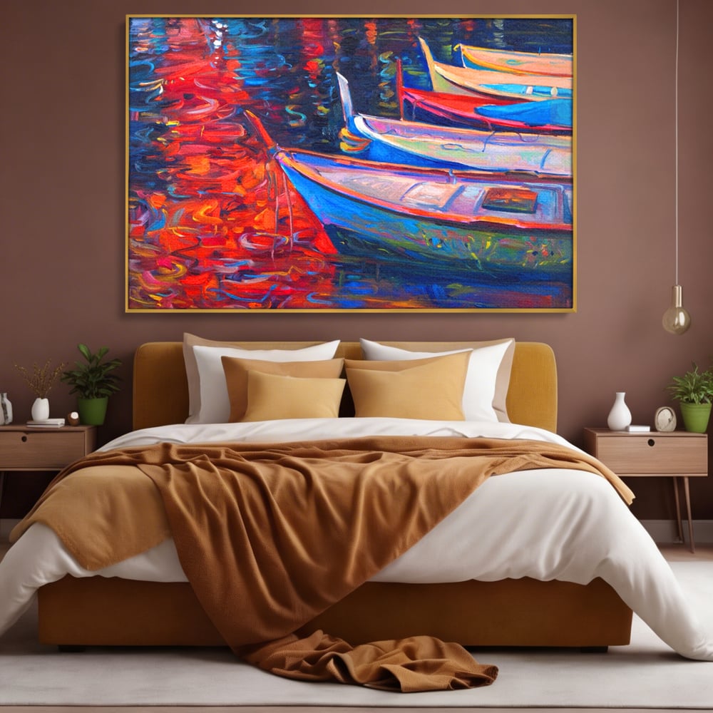 Tablou Canvas Premium LuxCanva® A1248, Barci Colorate , Decorativ, Living, Barca, Mare, Apa, Apus, Port, Dormitor, Culori Vibrante
