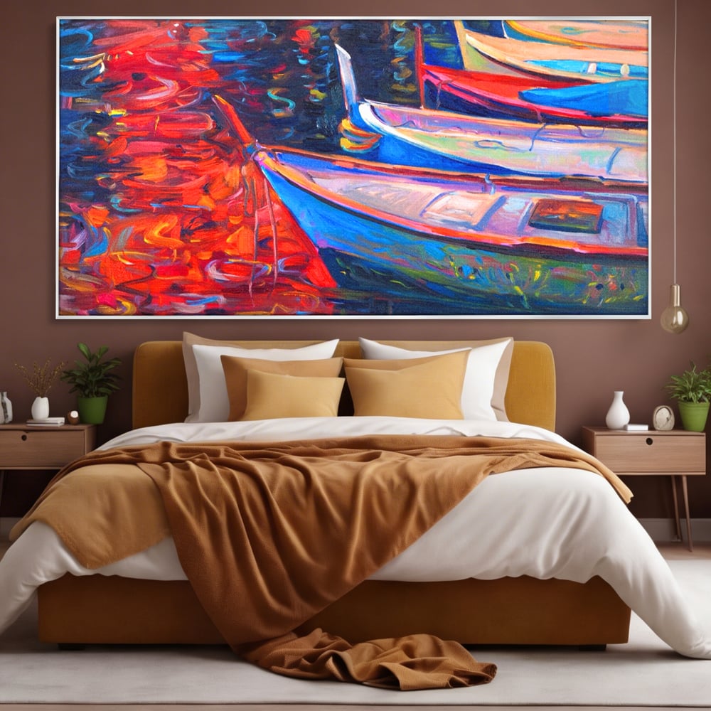 Tablou Canvas Premium LuxCanva® A1248, Barci Colorate , Decorativ, Living, Barca, Mare, Apa, Apus, Port, Dormitor, Culori Vibrante