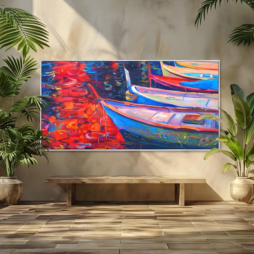 Tablou Canvas Premium LuxCanva® A1248, Barci Colorate , Decorativ, Living, Barca, Mare, Apa, Apus, Port, Dormitor, Culori Vibrante