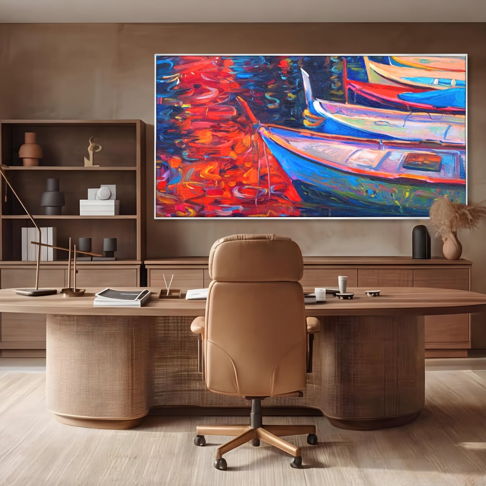 Tablou Canvas Premium LuxCanva® A1248, Barci Colorate , Decorativ, Living, Barca, Mare, Apa, Apus, Port, Dormitor, Culori Vibrante