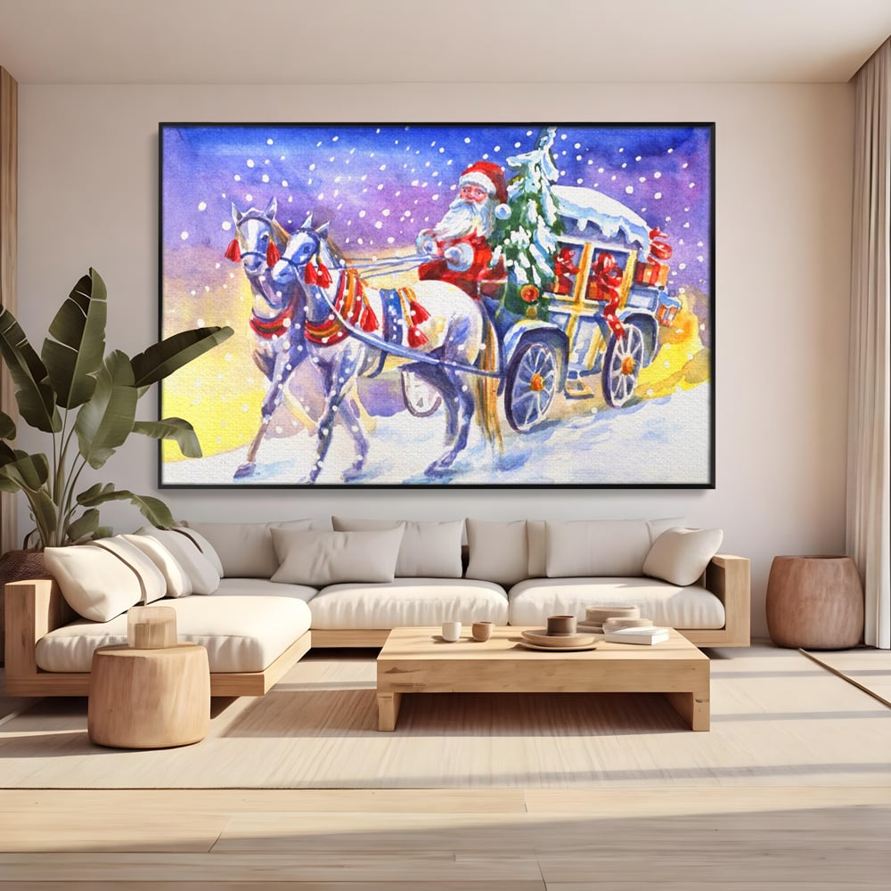 Tablou Canvas Premium LuxCanva® A1249, Mos Craciun , Decorativ, Living, Cai, Trasura, Brad, Zapada, Fulgi De Nea, Dormitor, Culori Vibrante