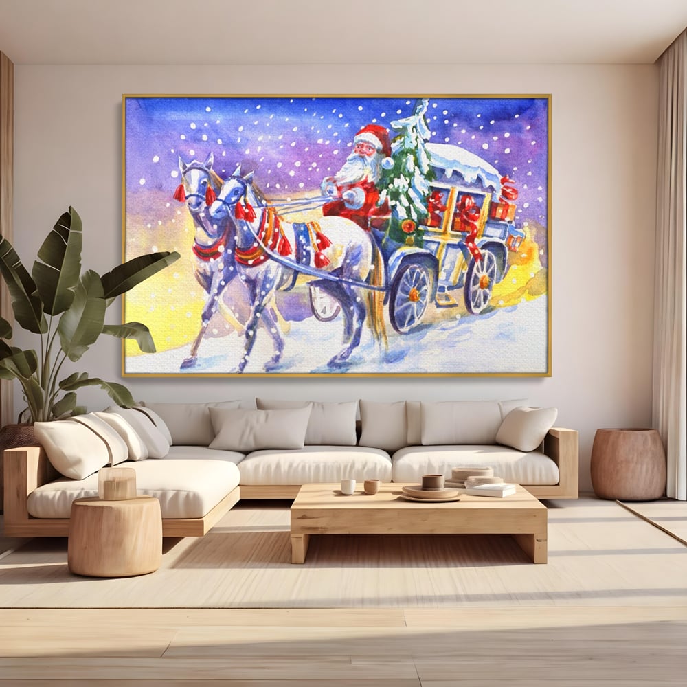 Tablou Canvas Premium LuxCanva® A1249, Mos Craciun , Decorativ, Living, Cai, Trasura, Brad, Zapada, Fulgi De Nea, Dormitor, Culori Vibrante