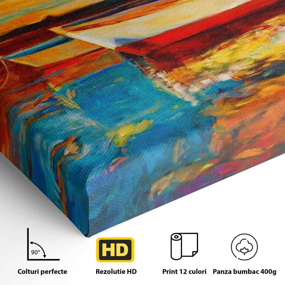 Tablou Canvas Premium LuxCanva® A1251, Apus Pe Mare, Decorativ, Living, Barci, Apa, Portocaliu, Cer, Dormitor, Culori Vibrante