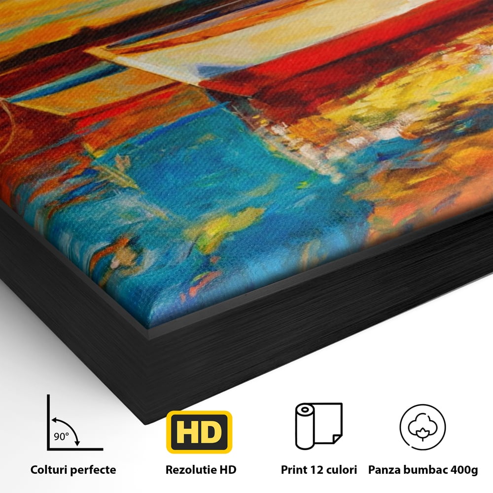 Tablou Canvas Premium LuxCanva® A1251, Apus Pe Mare, Decorativ, Living, Barci, Apa, Portocaliu, Cer, Dormitor, Culori Vibrante