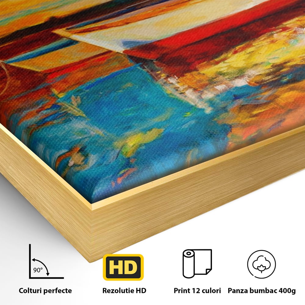 Tablou Canvas Premium LuxCanva® A1251, Apus Pe Mare, Decorativ, Living, Barci, Apa, Portocaliu, Cer, Dormitor, Culori Vibrante