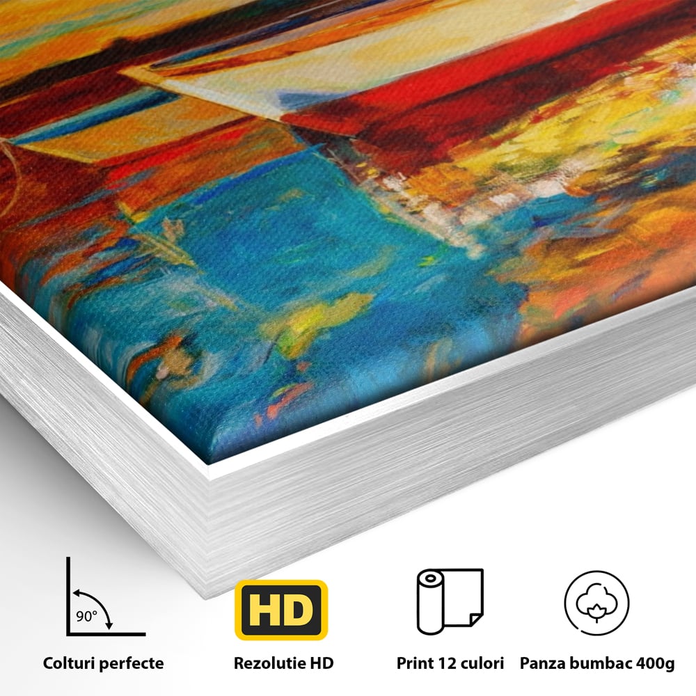 Tablou Canvas Premium LuxCanva® A1251, Apus Pe Mare, Decorativ, Living, Barci, Apa, Portocaliu, Cer, Dormitor, Culori Vibrante