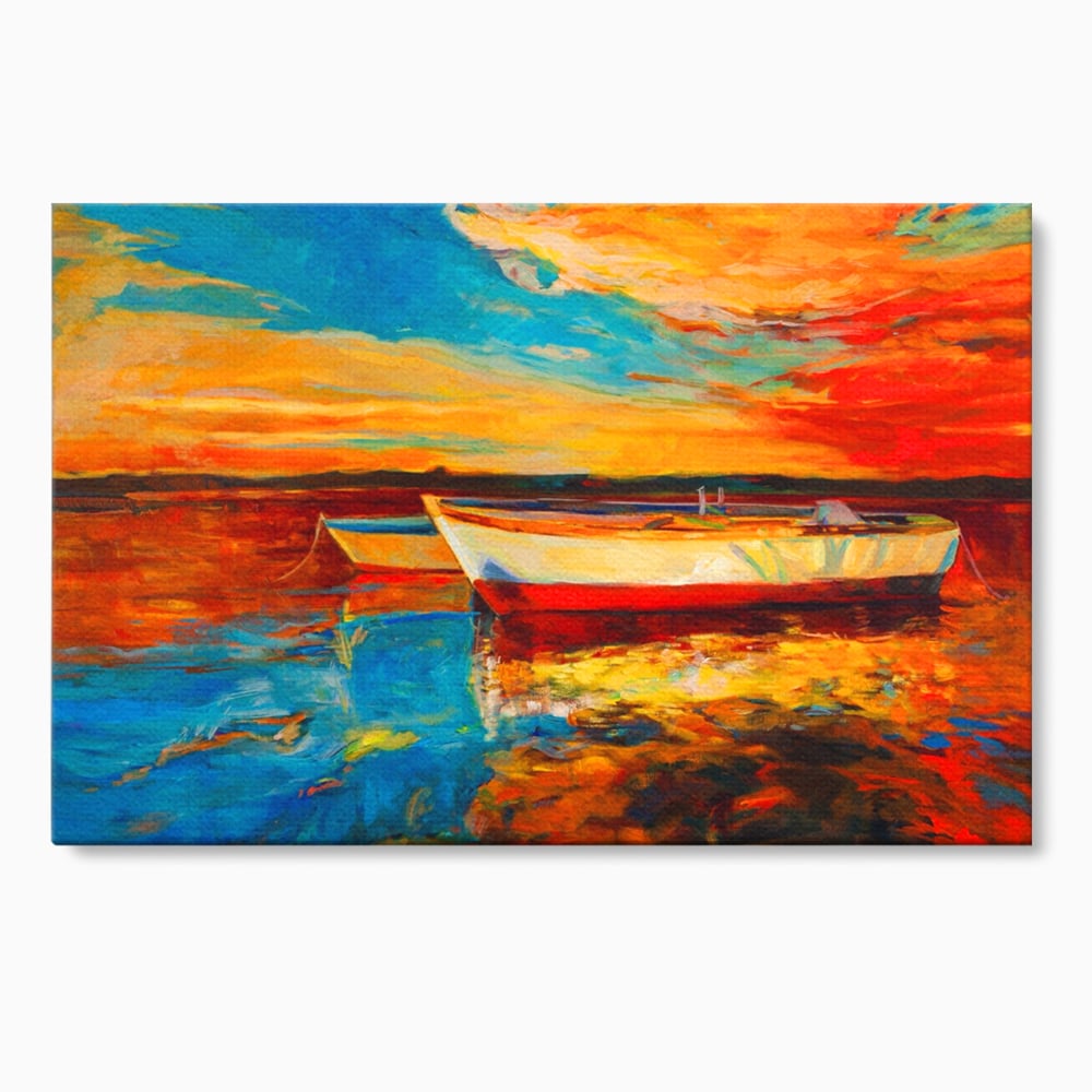 Tablou Canvas Premium LuxCanva® A1251, Apus Pe Mare, Decorativ, Living, Barci, Apa, Portocaliu, Cer, Dormitor, Culori Vibrante
