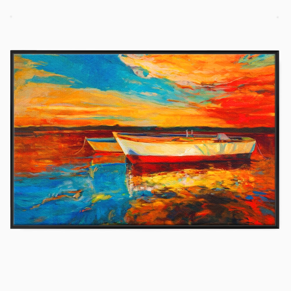 Tablou Canvas Premium LuxCanva® A1251, Apus Pe Mare, Decorativ, Living, Barci, Apa, Portocaliu, Cer, Dormitor, Culori Vibrante