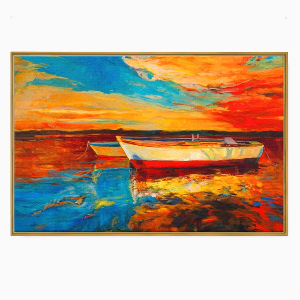 Tablou Canvas Premium LuxCanva® A1251, Apus Pe Mare, Decorativ, Living, Barci, Apa, Portocaliu, Cer, Dormitor, Culori Vibrante