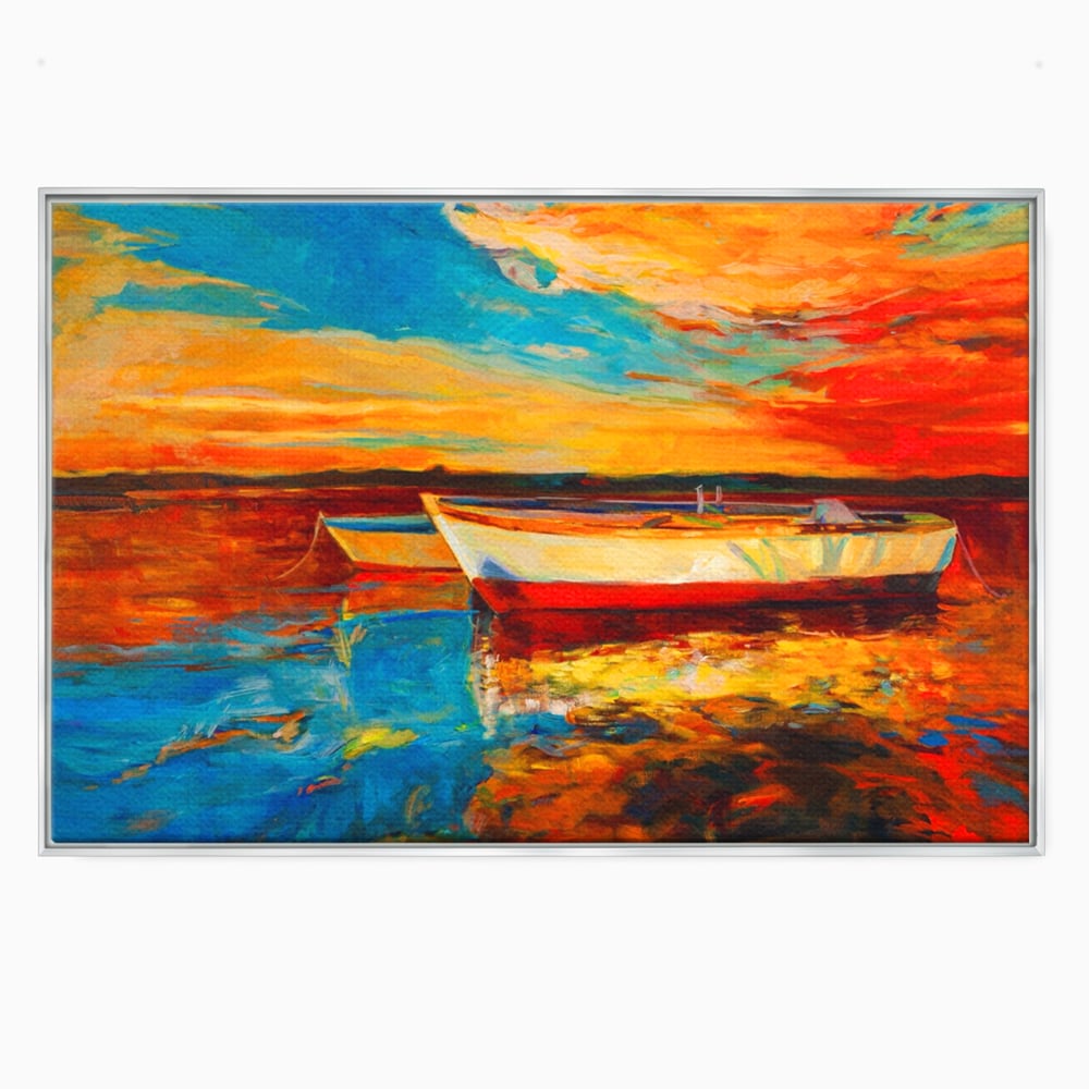 Tablou Canvas Premium LuxCanva® A1251, Apus Pe Mare, Decorativ, Living, Barci, Apa, Portocaliu, Cer, Dormitor, Culori Vibrante