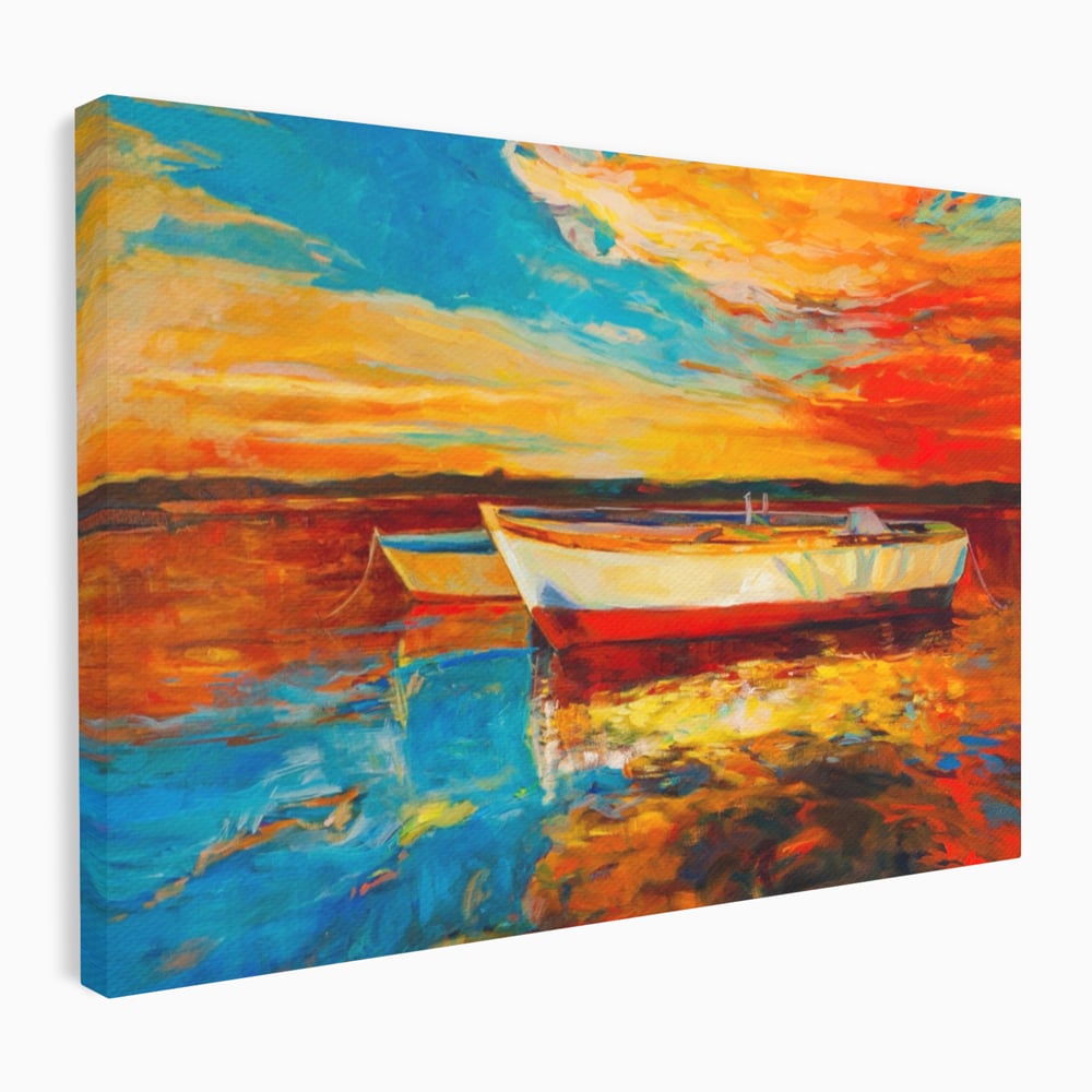 Tablou Canvas Premium LuxCanva® A1251, Apus Pe Mare, Decorativ, Living, Barci, Apa, Portocaliu, Cer, Dormitor, Culori Vibrante