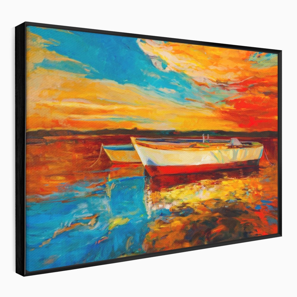 Tablou Canvas Premium LuxCanva® A1251, Apus Pe Mare, Decorativ, Living, Barci, Apa, Portocaliu, Cer, Dormitor, Culori Vibrante