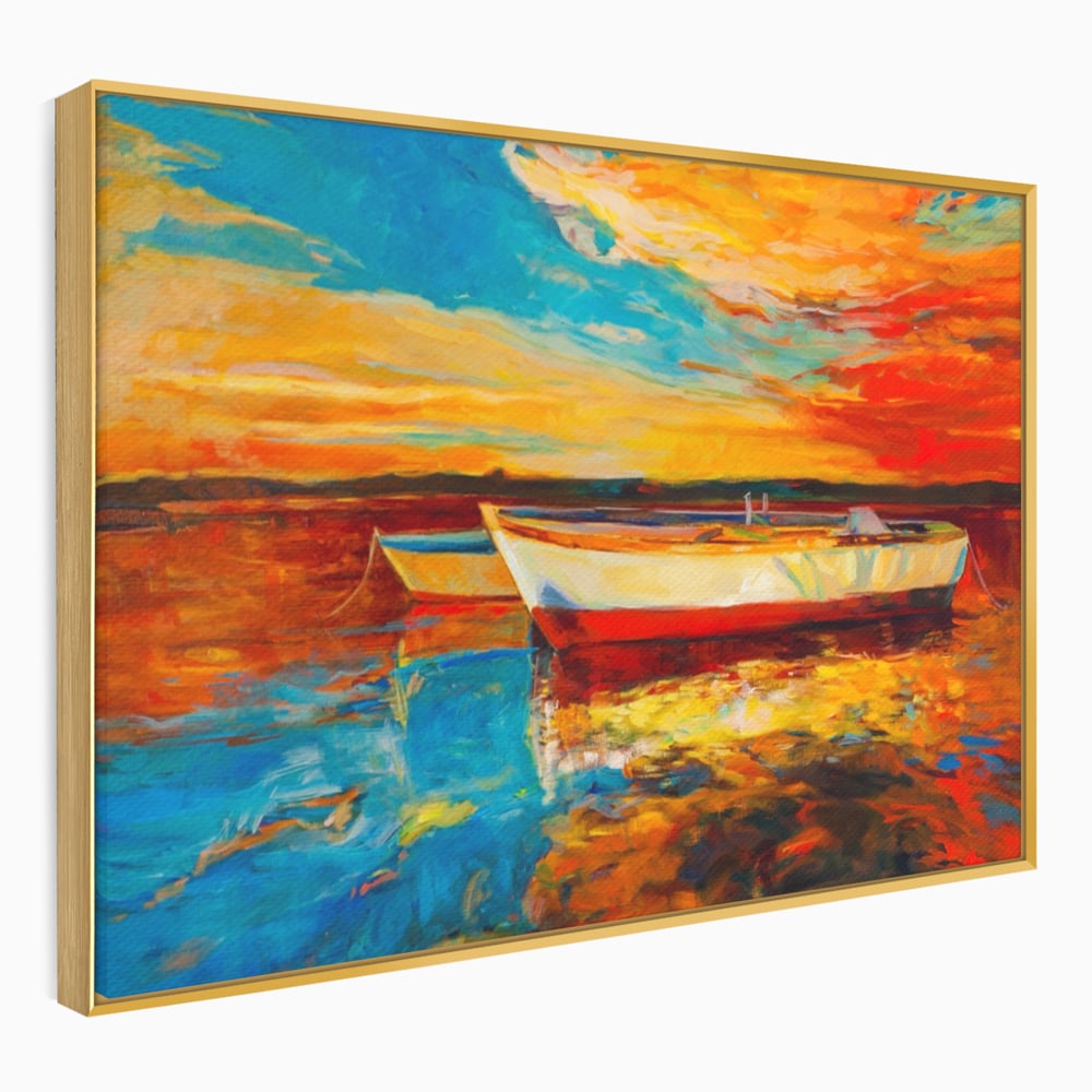 Tablou Canvas Premium LuxCanva® A1251, Apus Pe Mare, Decorativ, Living, Barci, Apa, Portocaliu, Cer, Dormitor, Culori Vibrante