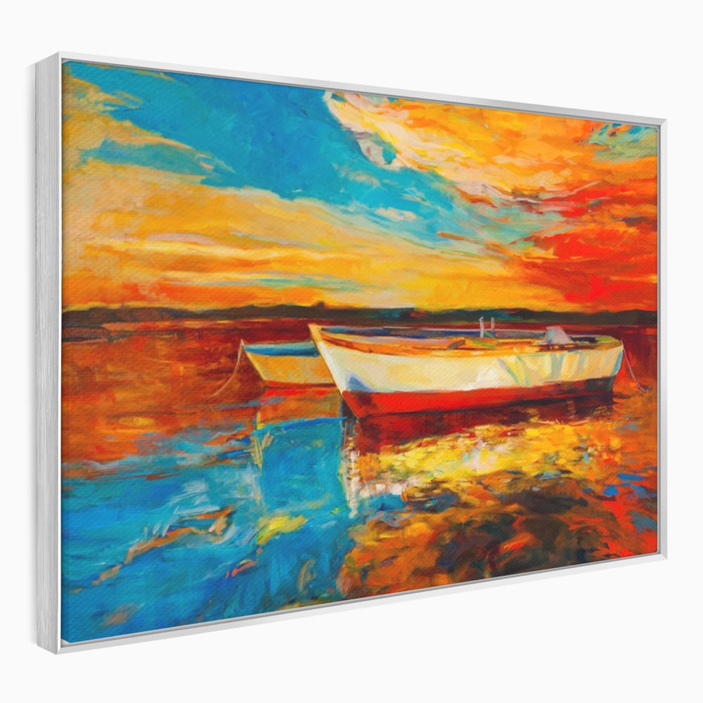 Tablou Canvas Premium LuxCanva® A1251, Apus Pe Mare, Decorativ, Living, Barci, Apa, Portocaliu, Cer, Dormitor, Culori Vibrante