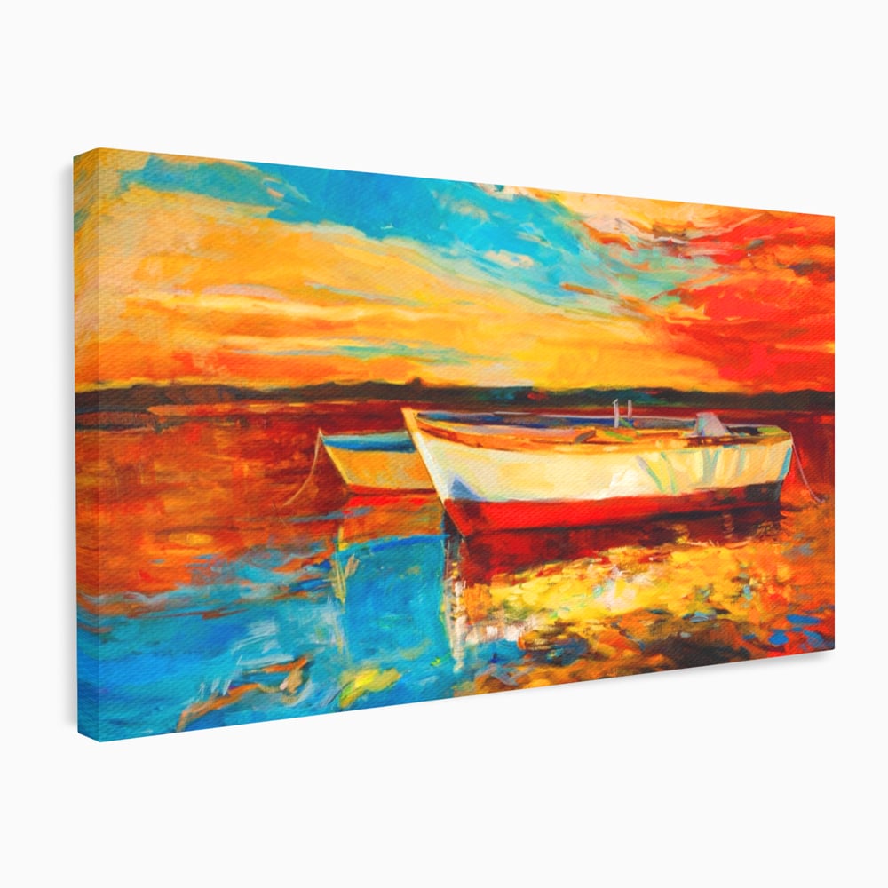Tablou Canvas Premium LuxCanva® A1251, Apus Pe Mare, Decorativ, Living, Barci, Apa, Portocaliu, Cer, Dormitor, Culori Vibrante