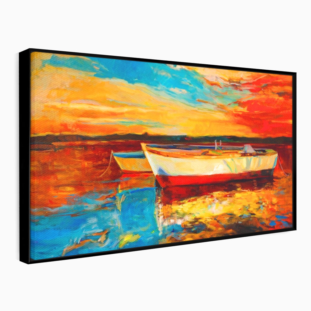 Tablou Canvas Premium LuxCanva® A1251, Apus Pe Mare, Decorativ, Living, Barci, Apa, Portocaliu, Cer, Dormitor, Culori Vibrante