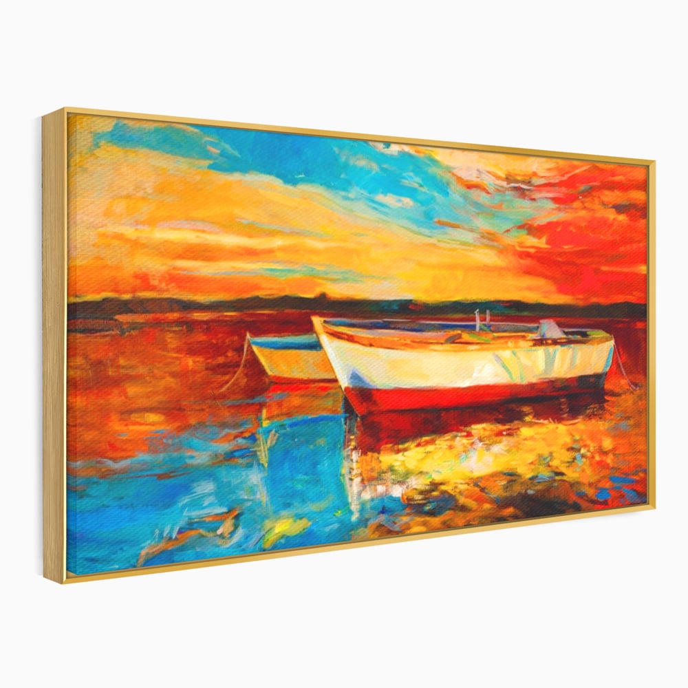 Tablou Canvas Premium LuxCanva® A1251, Apus Pe Mare, Decorativ, Living, Barci, Apa, Portocaliu, Cer, Dormitor, Culori Vibrante