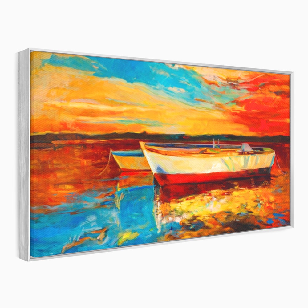 Tablou Canvas Premium LuxCanva® A1251, Apus Pe Mare, Decorativ, Living, Barci, Apa, Portocaliu, Cer, Dormitor, Culori Vibrante