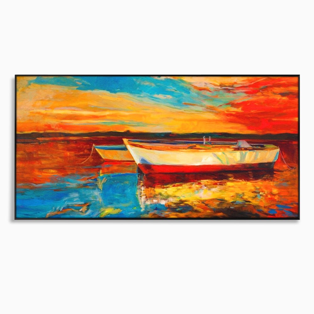 Tablou Canvas Premium LuxCanva® A1251, Apus Pe Mare, Decorativ, Living, Barci, Apa, Portocaliu, Cer, Dormitor, Culori Vibrante