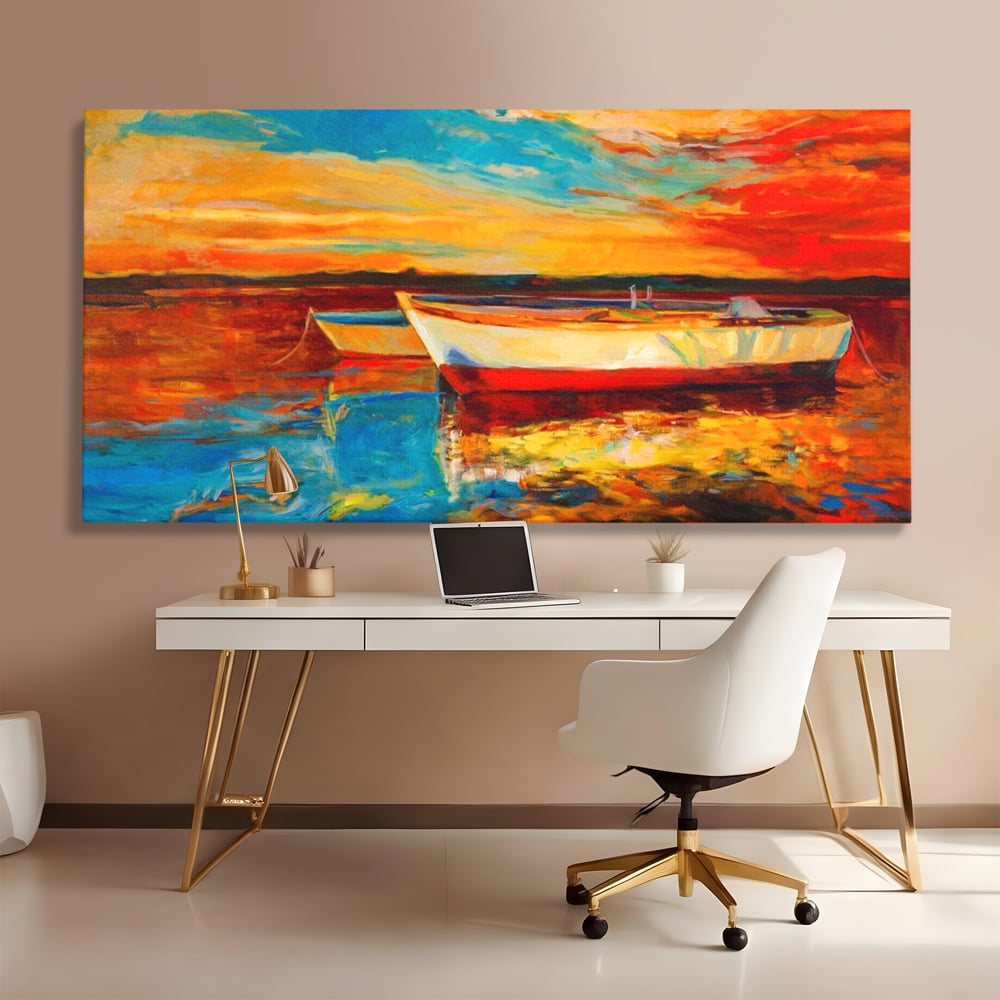 Tablou Canvas Premium LuxCanva® A1251, Apus Pe Mare, Decorativ, Living, Barci, Apa, Portocaliu, Cer, Dormitor, Culori Vibrante