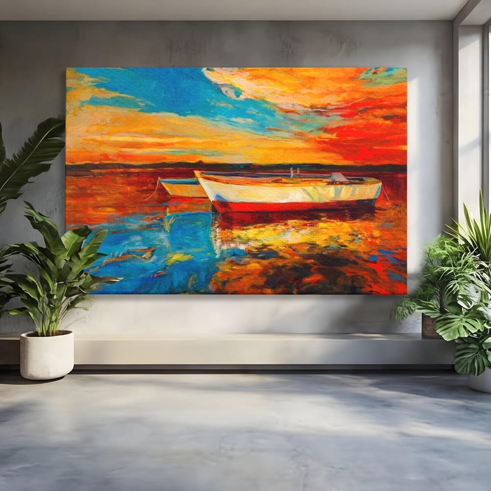 Tablou Canvas Premium LuxCanva® A1251, Apus Pe Mare, Decorativ, Living, Barci, Apa, Portocaliu, Cer, Dormitor, Culori Vibrante