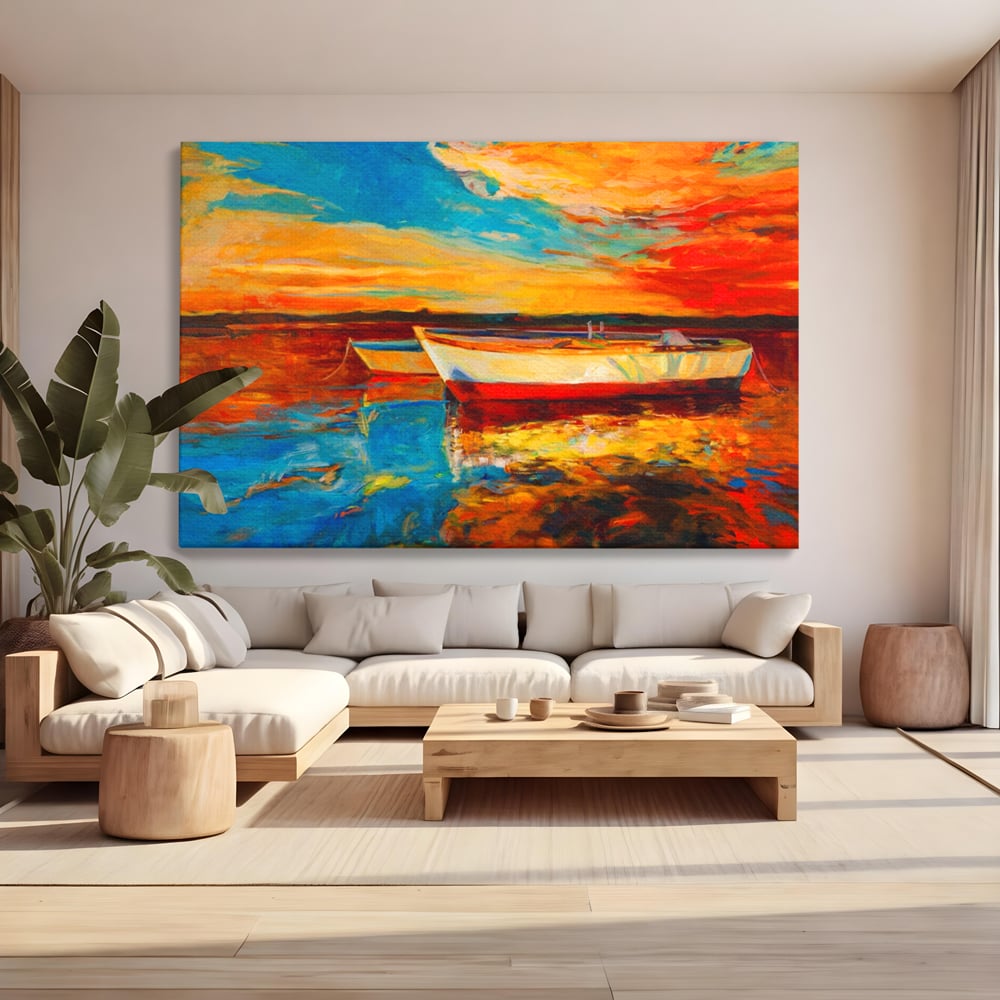 Tablou Canvas Premium LuxCanva® A1251, Apus Pe Mare, Decorativ, Living, Barci, Apa, Portocaliu, Cer, Dormitor, Culori Vibrante