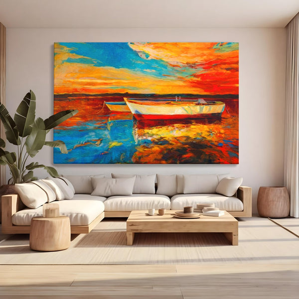 Tablou Canvas Premium LuxCanva® A1251, Apus Pe Mare, Decorativ, Living, Barci, Apa, Portocaliu, Cer, Dormitor, Culori Vibrante