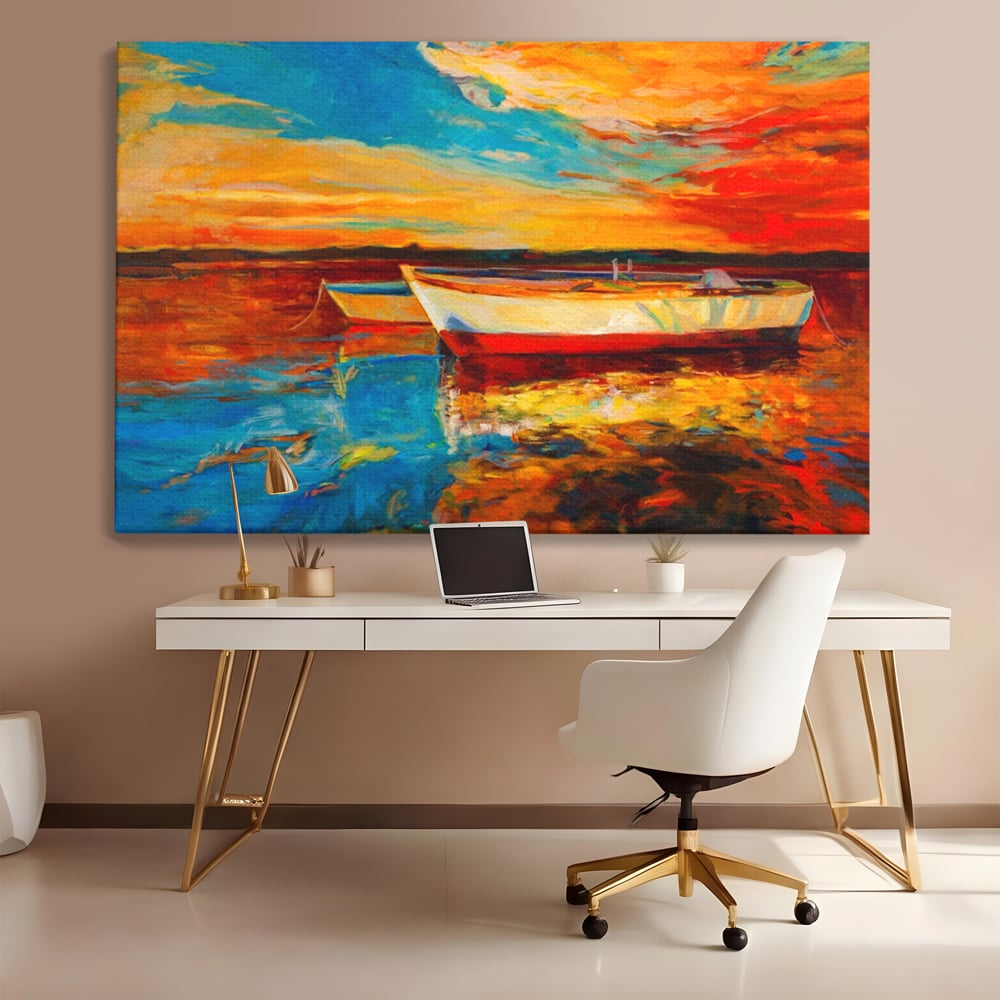 Tablou Canvas Premium LuxCanva® A1251, Apus Pe Mare, Decorativ, Living, Barci, Apa, Portocaliu, Cer, Dormitor, Culori Vibrante