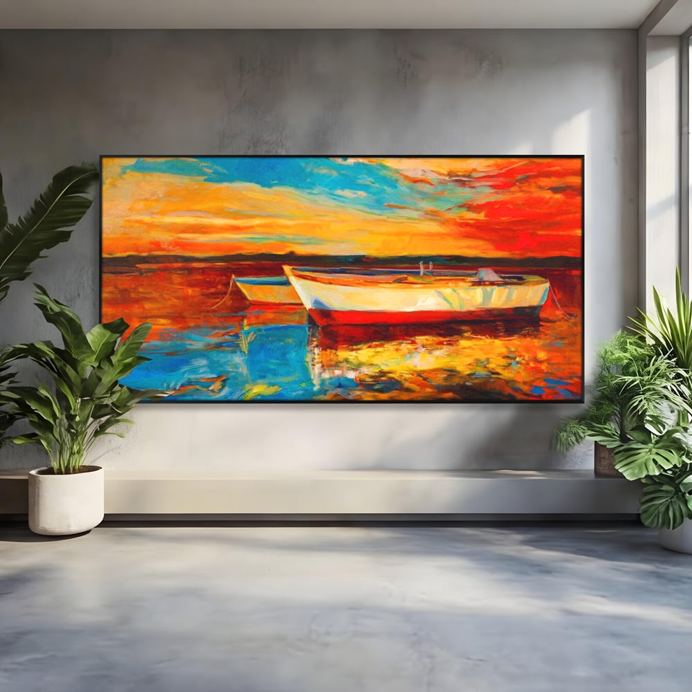 Tablou Canvas Premium LuxCanva® A1251, Apus Pe Mare, Decorativ, Living, Barci, Apa, Portocaliu, Cer, Dormitor, Culori Vibrante